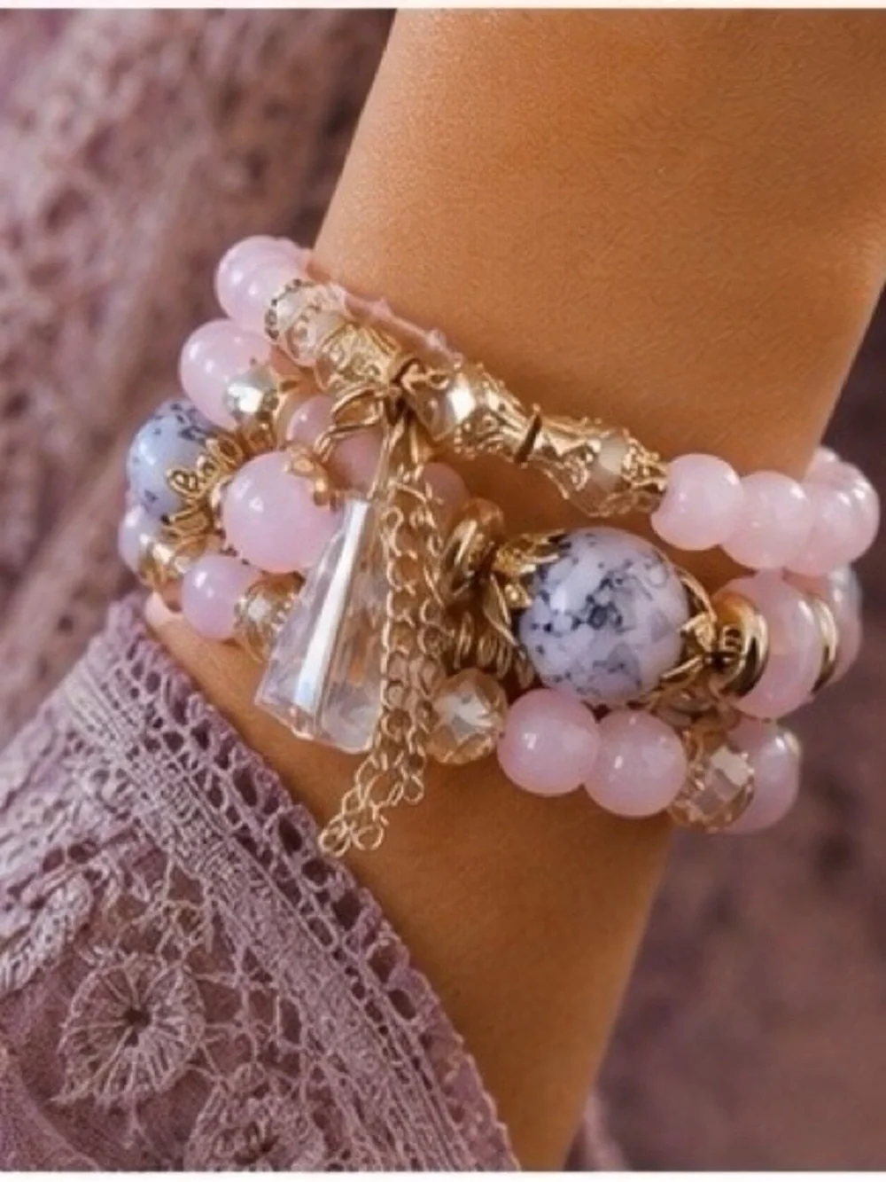 Gold & Pink Beaded Stretch Bracelet Set